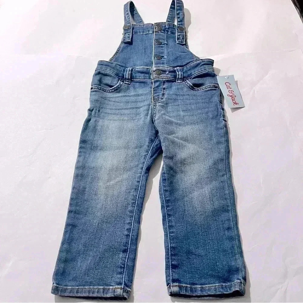 Cat and jack‎ girls denim overalls button front light wash 2T new